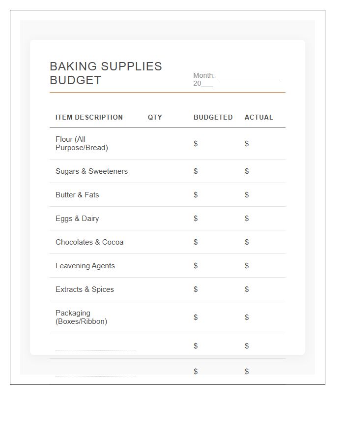 Baking Supplies Monthly Printable Budget Chart