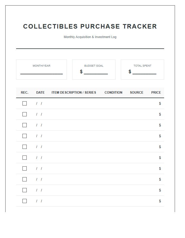 Collectibles Purchase Printable Spending Chart
