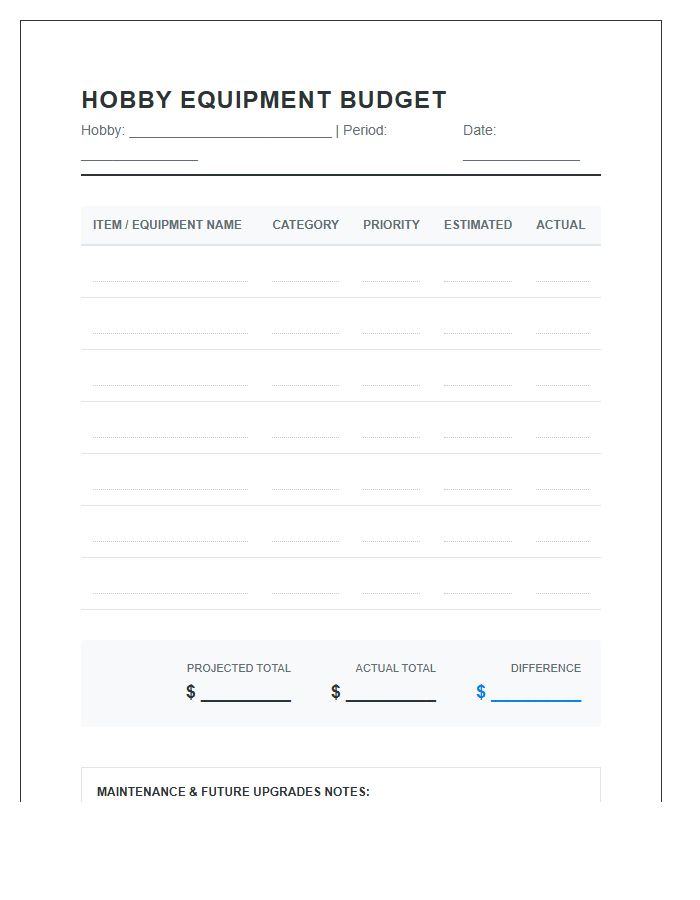 Hobby Equipment Expenses Printable Budget Chart