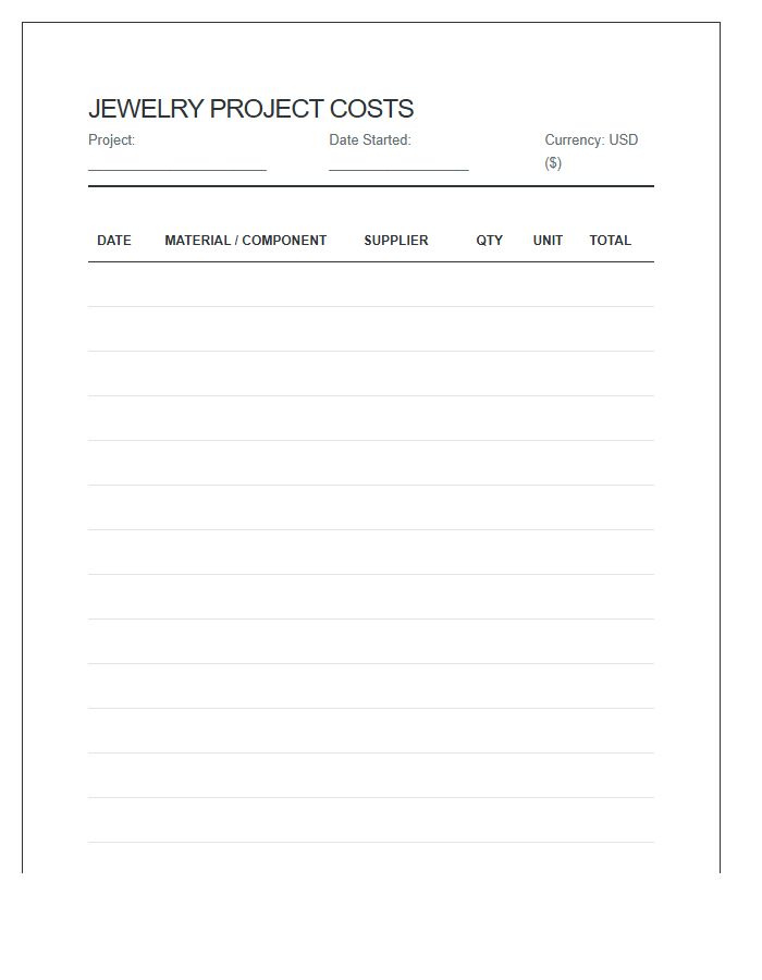 Jewelry Making Costs Printable Spending Chart