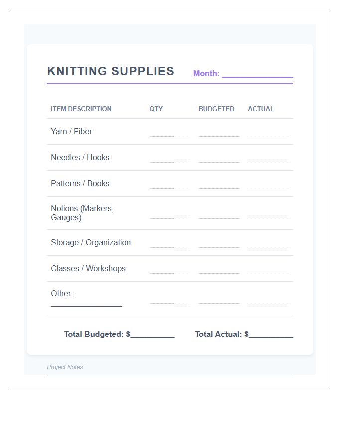 Knitting Supplies Monthly Printable Budget Chart
