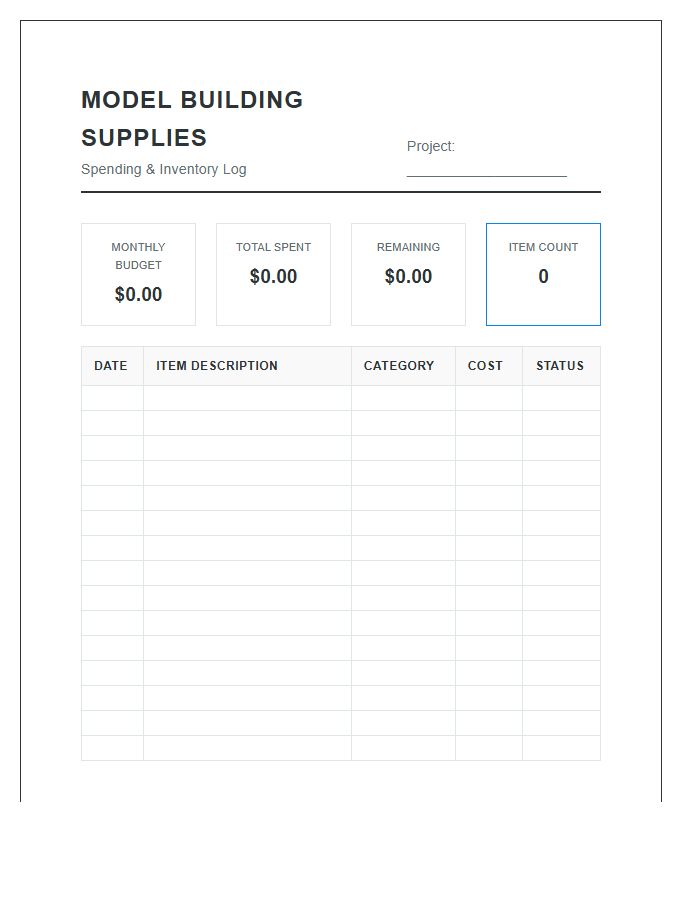 Model Building Supplies Printable Spending Chart