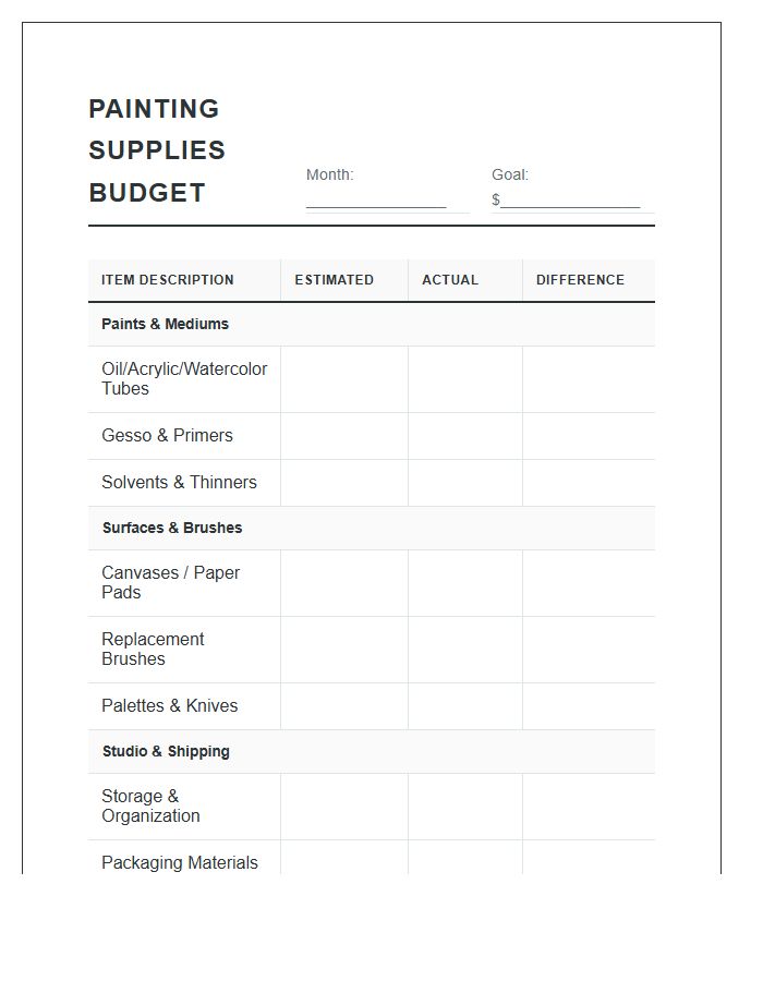 Painting Supplies Monthly Printable Budget Chart