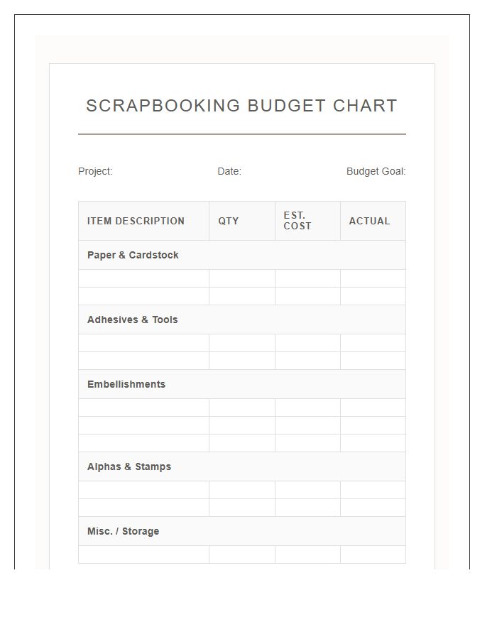 Scrapbooking Materials Printable Budget Chart