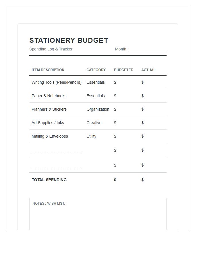 Stationery Items Spending Printable Budget Chart