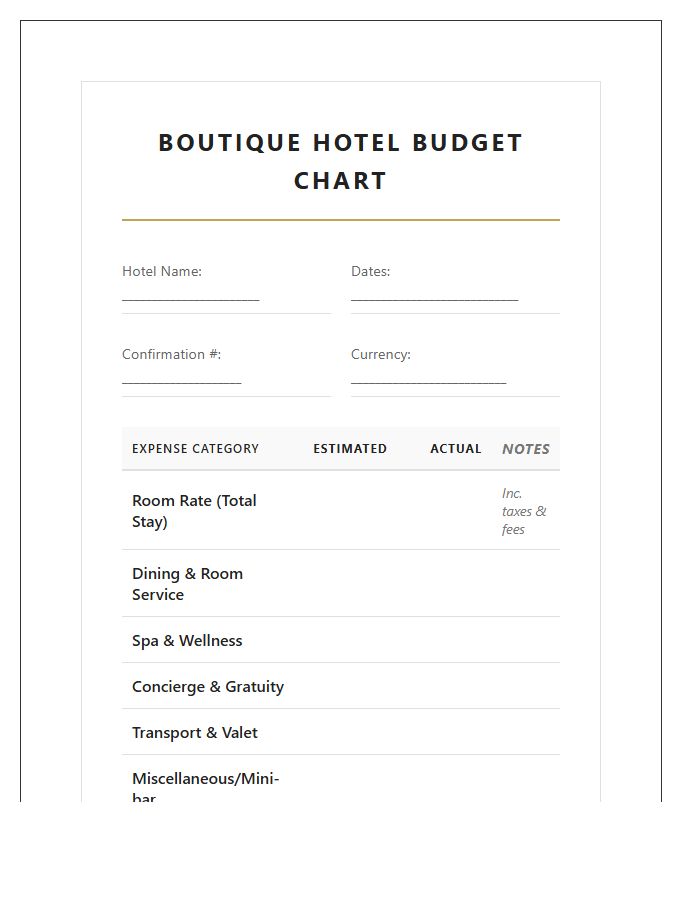 Boutique Hotel Stay Printable Budget Chart