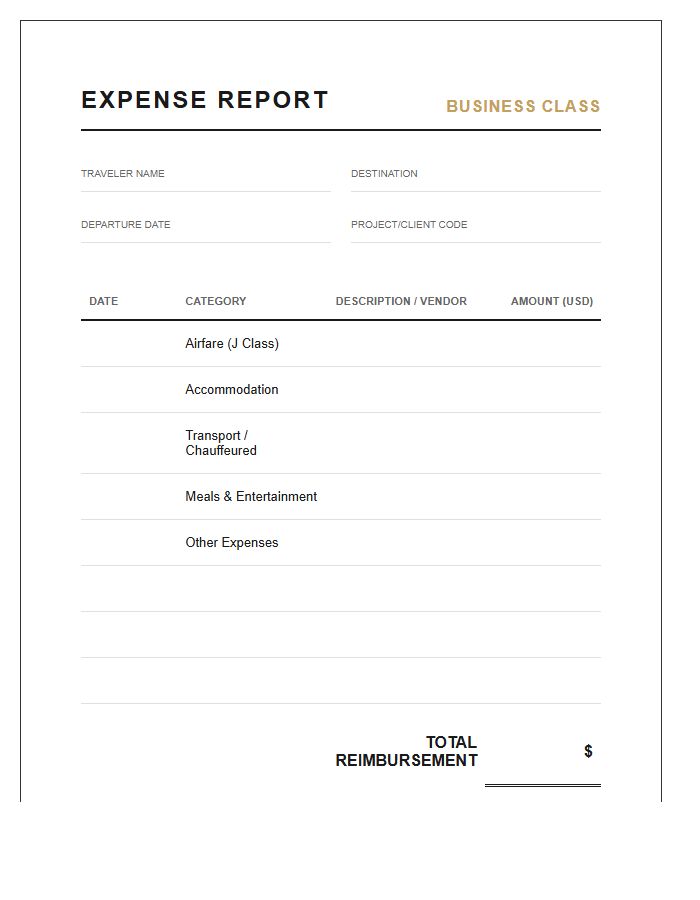 Business Class Trip Printable Expense Chart
