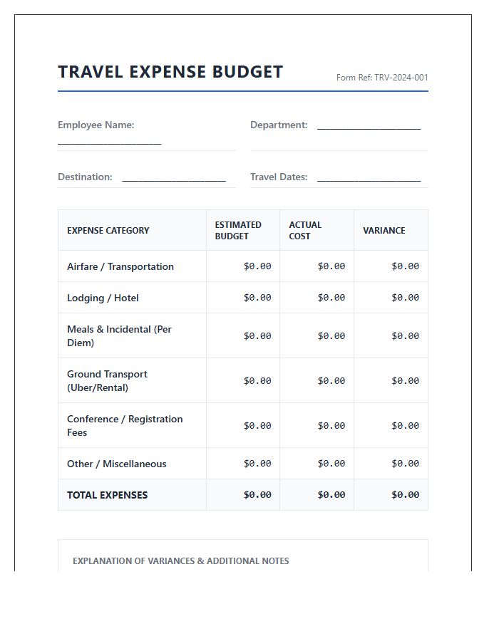 Corporate Travel Expense Printable Budget Chart