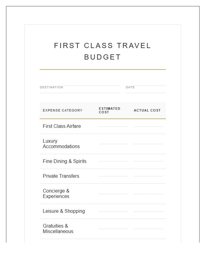 First Class Travel Budgeting Printable Chart