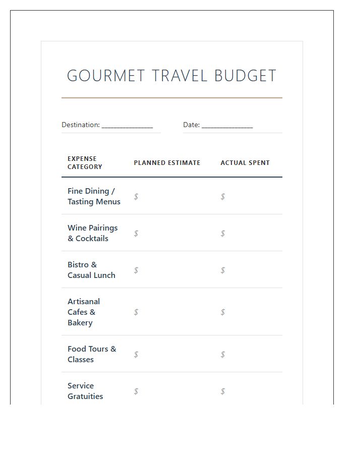Gourmet Dining Travel Printable Budget Chart