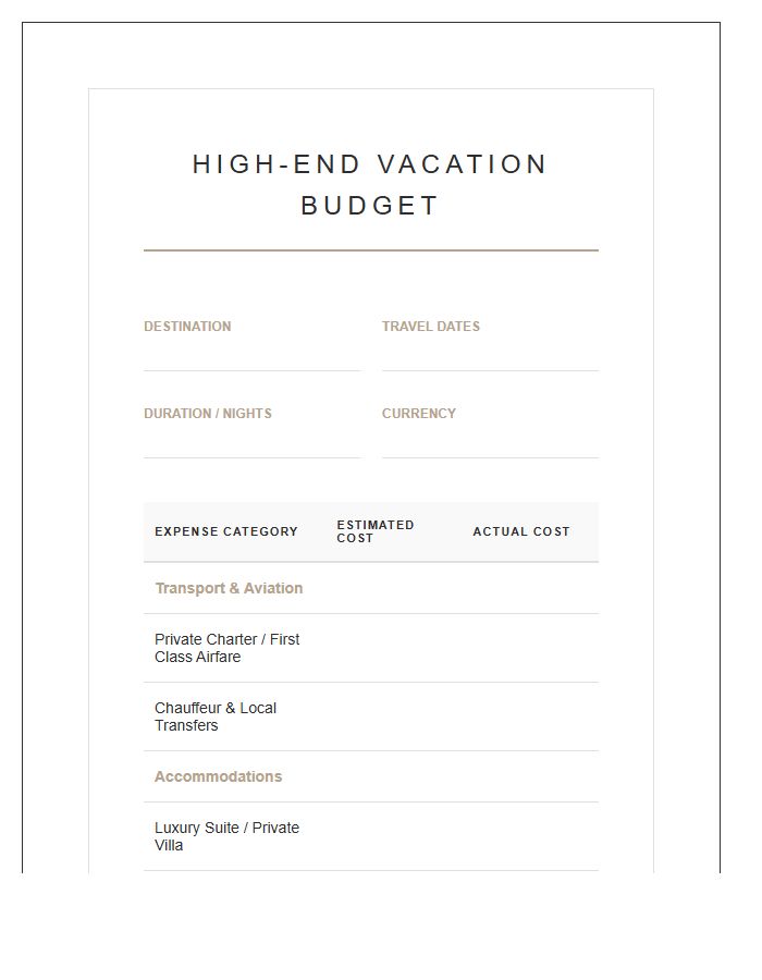 High End Vacation Budgeting Printable Chart