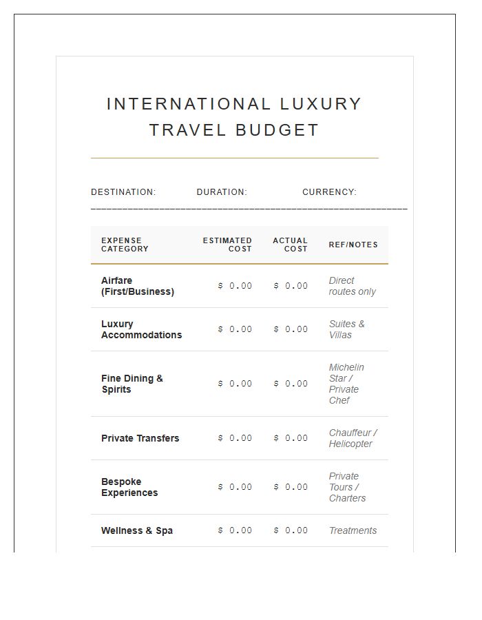International Luxury Travel Printable Budget Chart