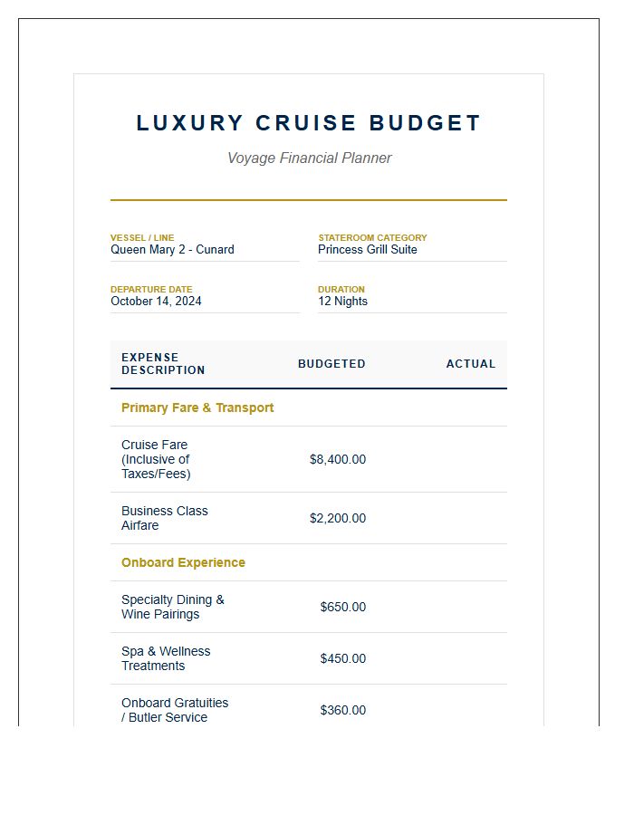 Luxury Cruise Expense Printable Budget Chart