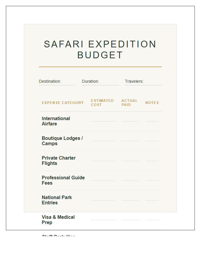 Luxury Safari Budgeting Printable Expense Chart