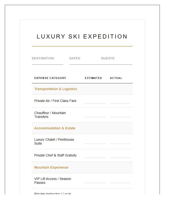 Luxury Ski Trip Printable Budget Chart