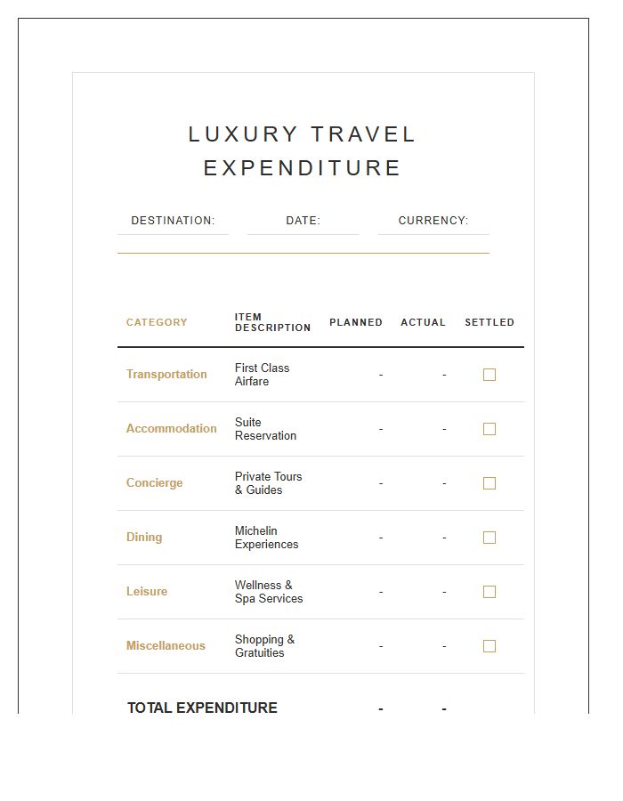 Luxury Travel Planner Printable Expense Chart