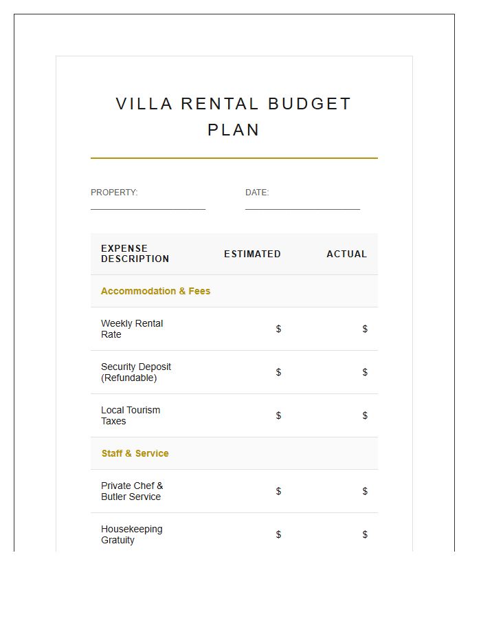Luxury Villa Rental Printable Budget Chart