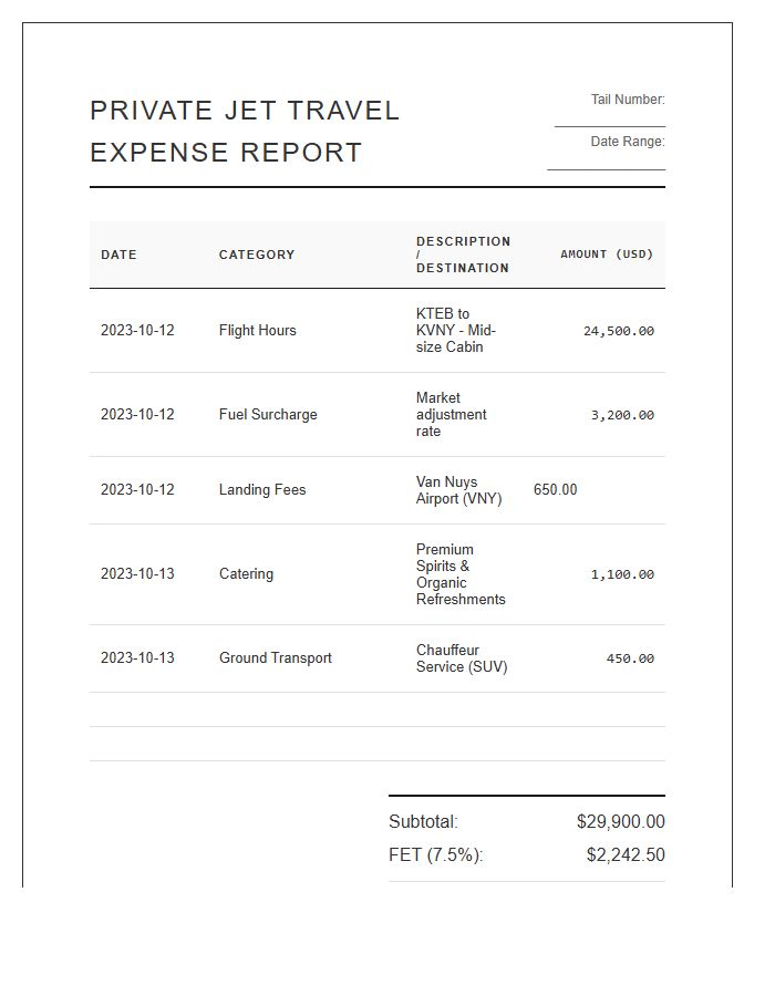 Private Jet Travel Printable Expense Chart