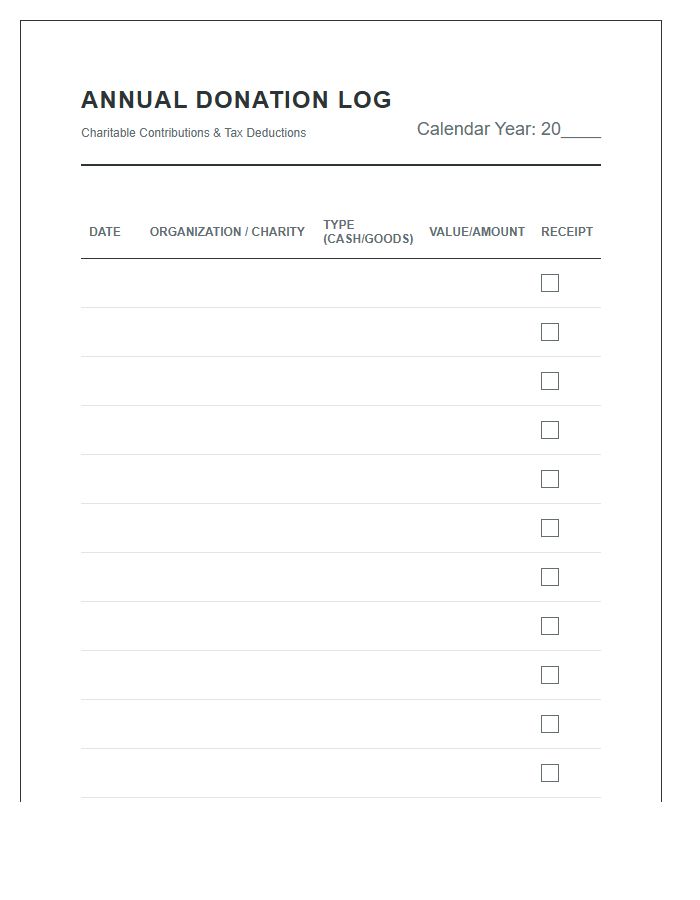 Annual Donation Log Printable Budget Chart Record