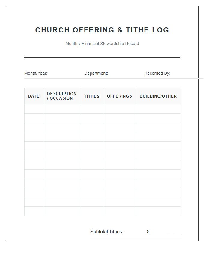 Church Offering Printable Budget Chart Log Book