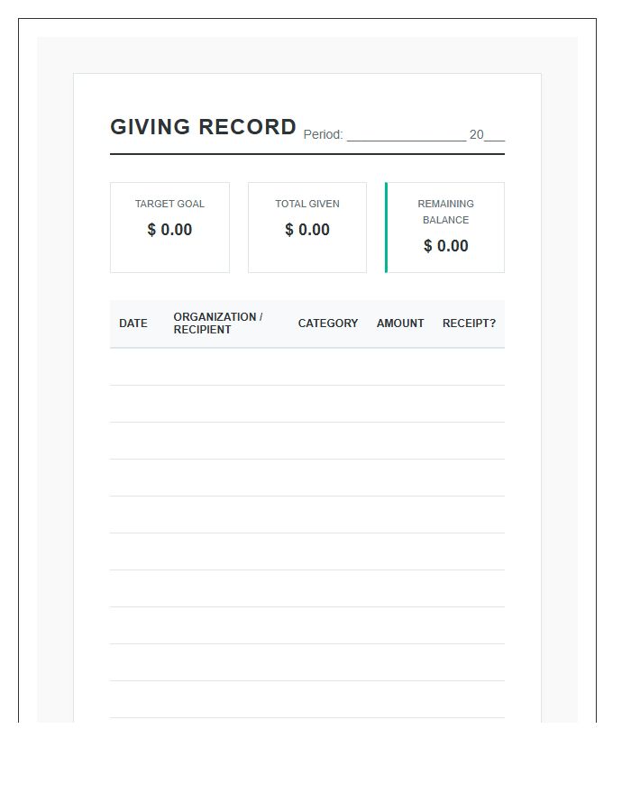 Comprehensive Giving Printable Budget Chart Record Sheet