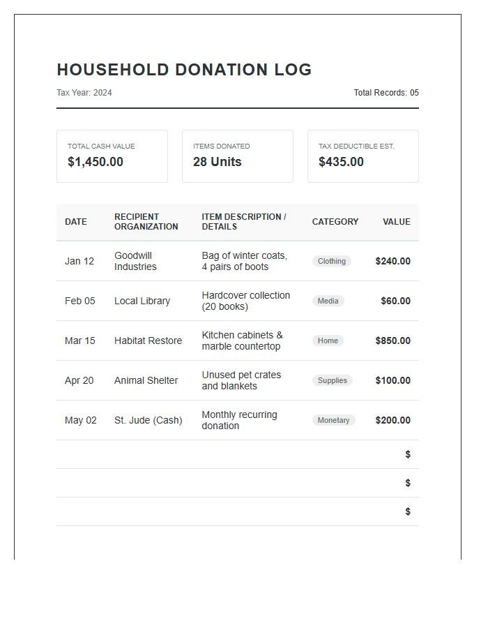 Household Donation Log Printable Budget Chart List