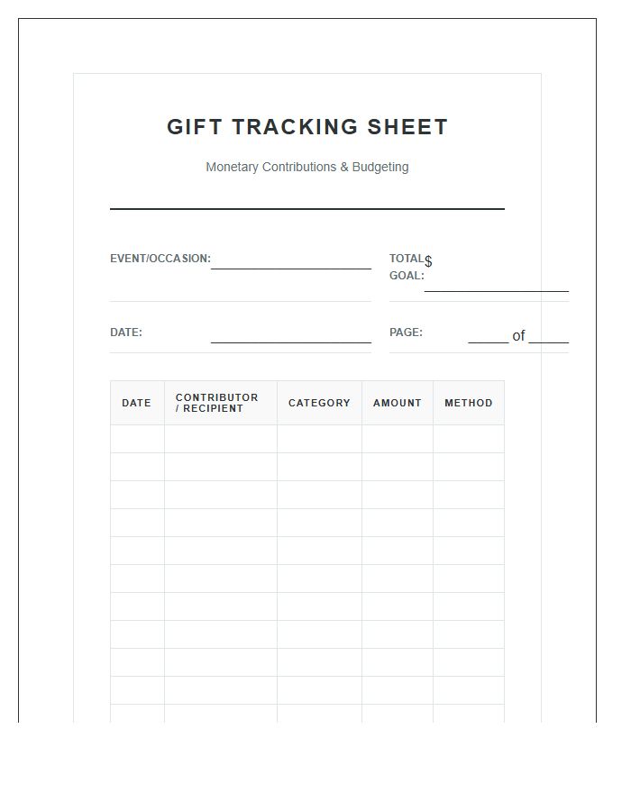 Monetary Gift Printable Budget Chart Tracking Sheet