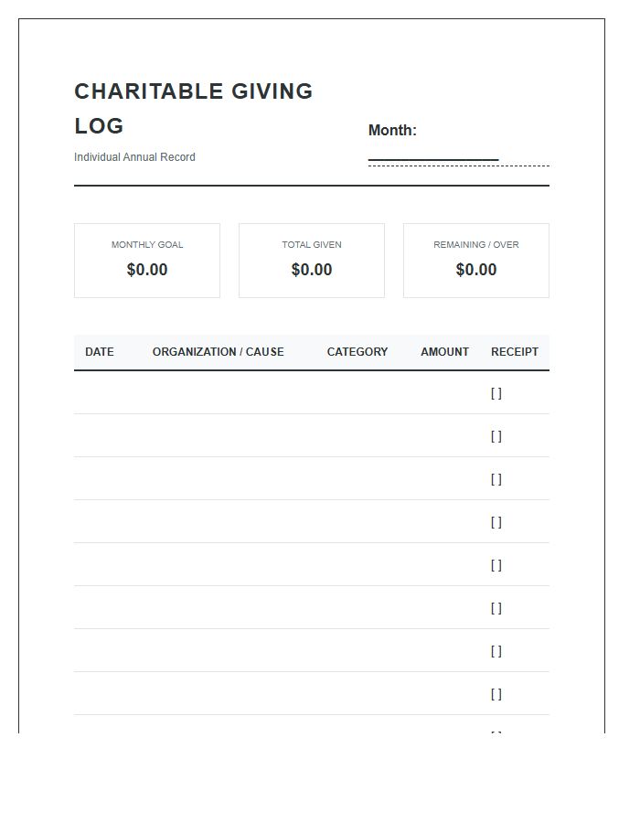 Monthly Charitable Giving Printable Budget Chart Log