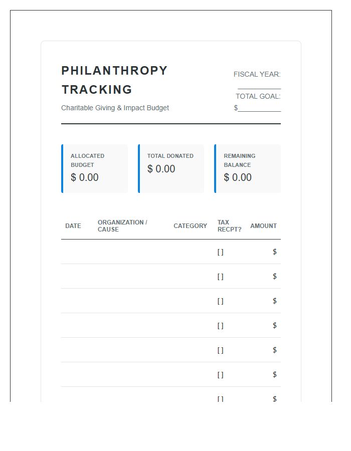 Philanthropy Tracking Printable Budget Chart Sheet