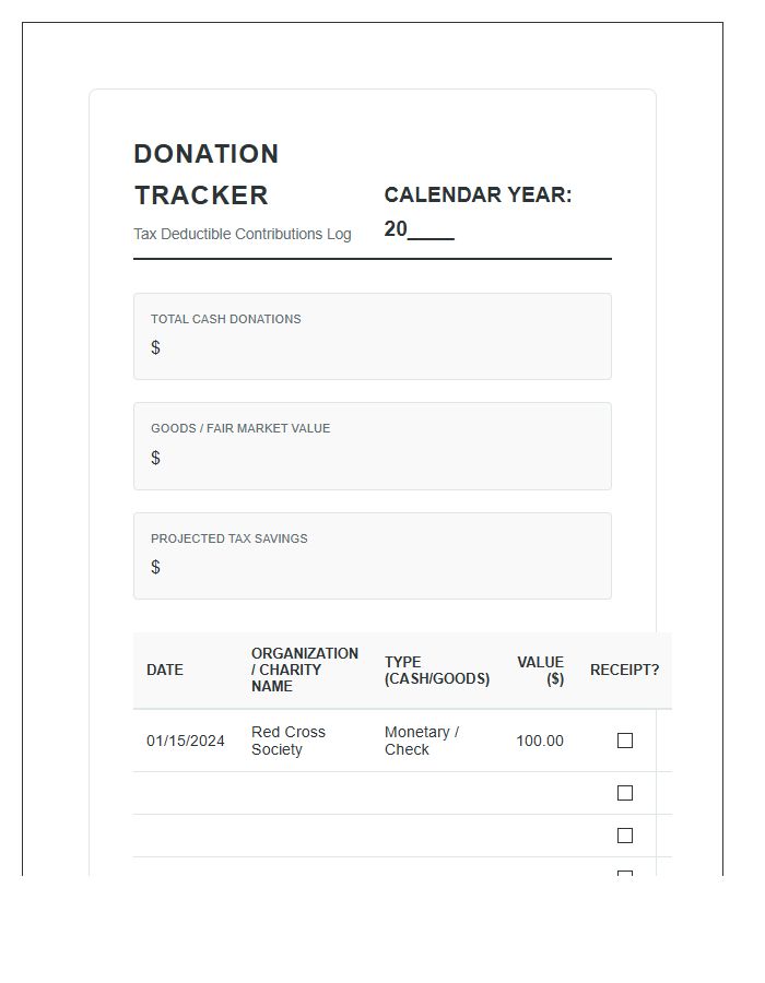 Tax Deductible Donation Printable Budget Chart Organizer