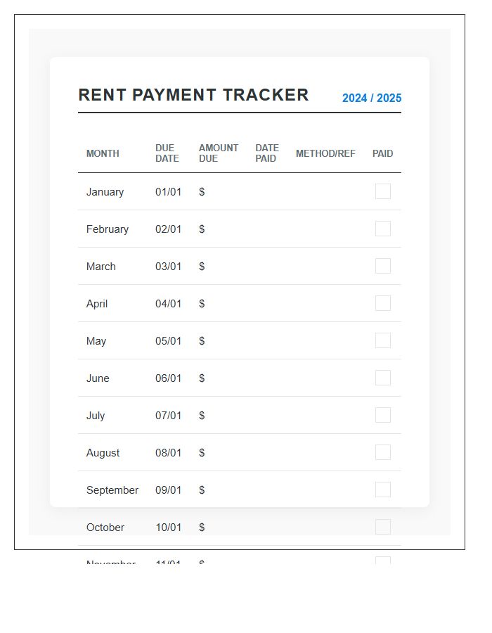 Apartment Monthly Rent Payment Budget Chart Printable
