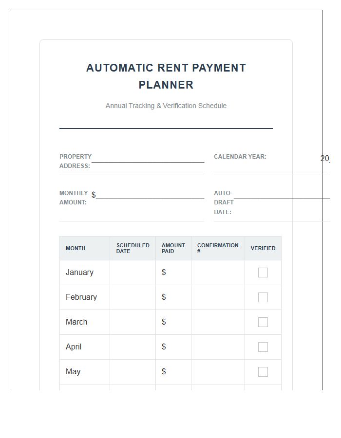 Automatic Monthly Rent Payment Planning Chart Printable