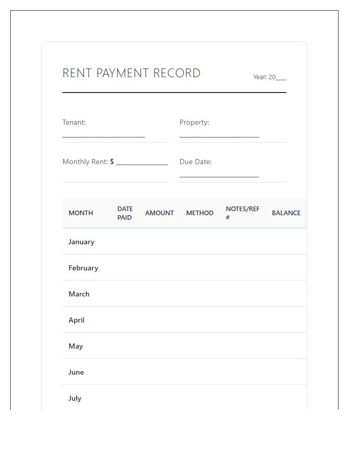 Basic Monthly Rent Payment Record Chart Printable