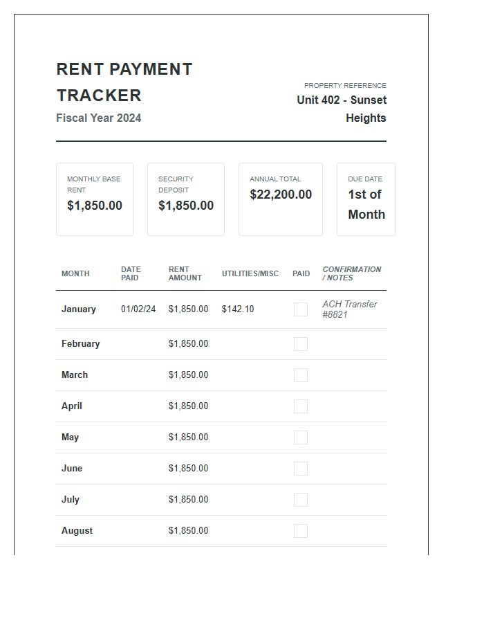 Comprehensive Monthly Rent Payment Budget Chart Printable