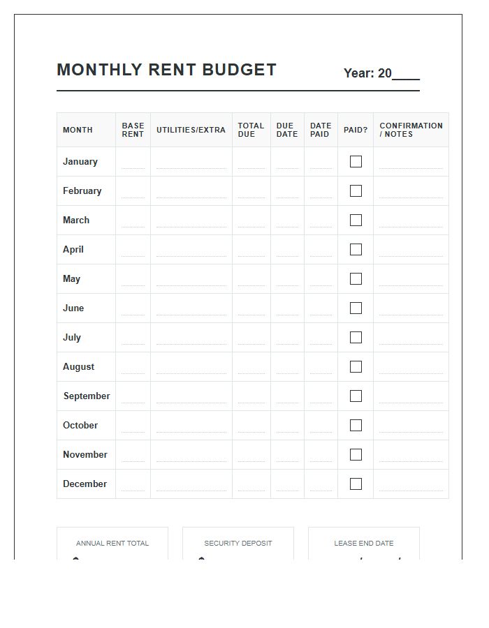 Detailed Monthly Rent Payment Budget Chart Printable