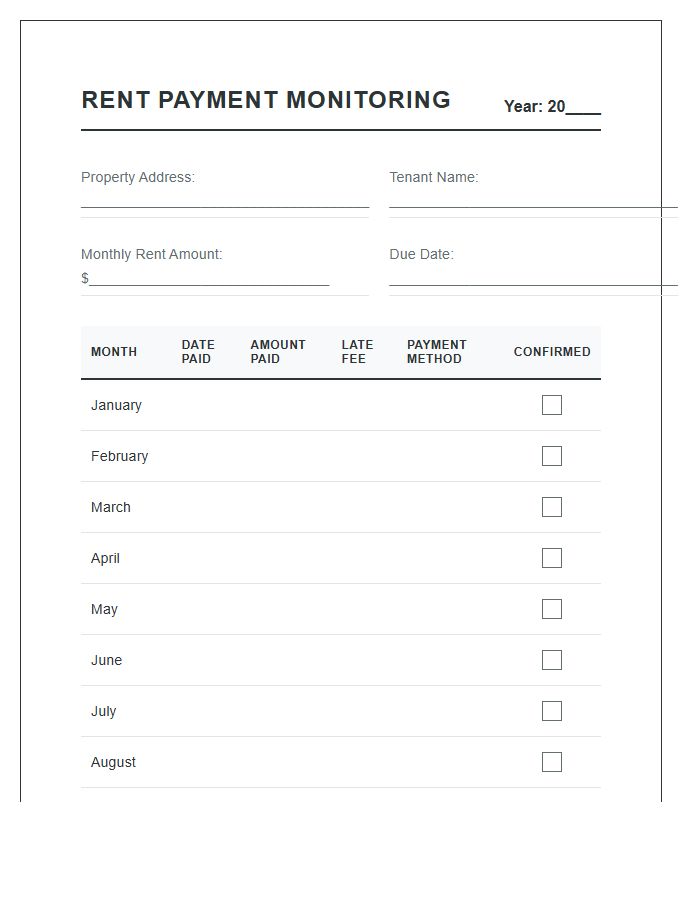 Essential Monthly Rent Payment Monitoring Chart Printable