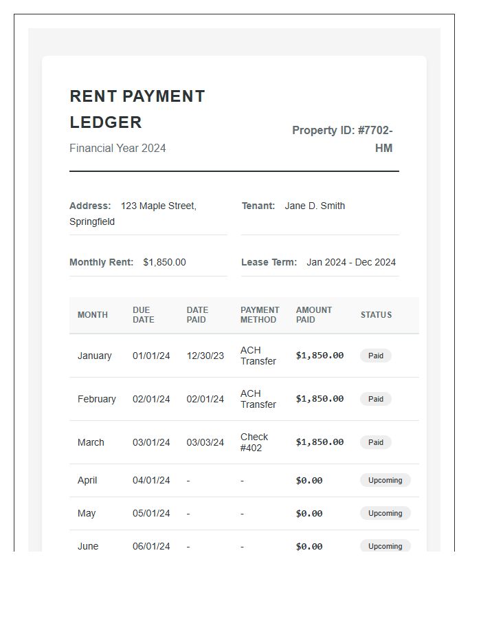 Home Monthly Rent Payment Financial Chart Printable