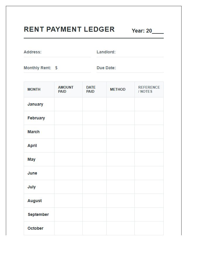 Household Monthly Rent Payment Organized Chart Printable
