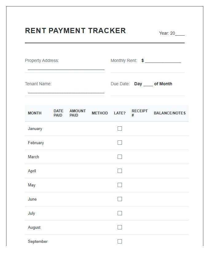 Landlord Rent Payment Tracking Printable Chart