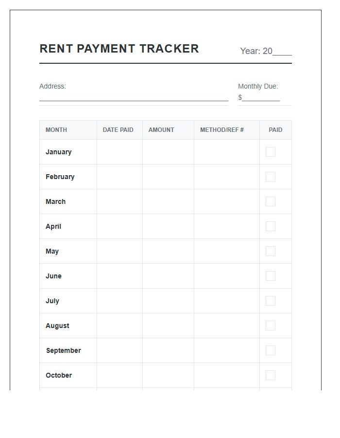 Monthly Rent Payment Expense Tracking Chart Printable