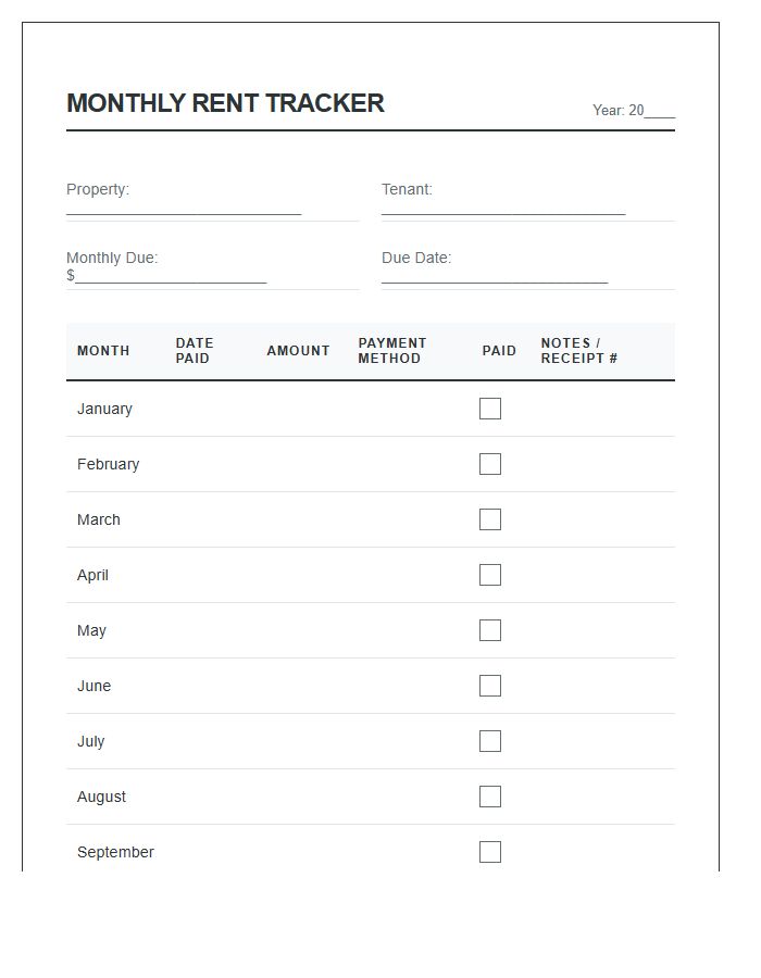 Monthly Rent Payment Tracker Chart Printable