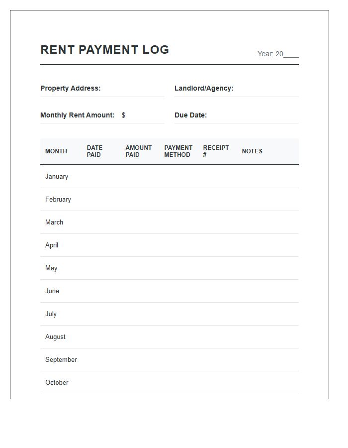 Personal Monthly Rent Payment Log Printable Chart