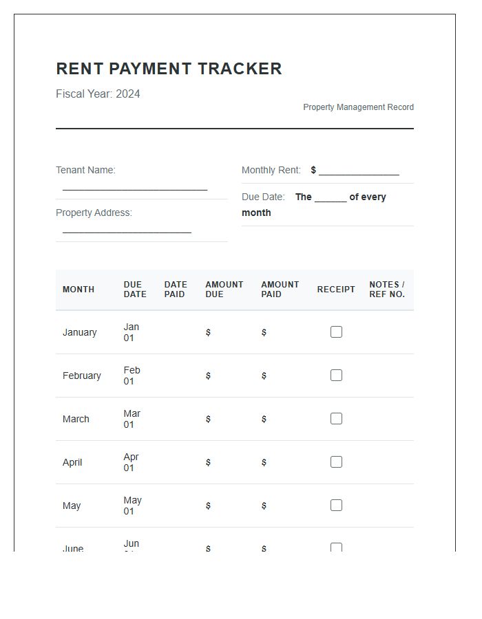 Professional Monthly Rent Payment Tracking Chart Printable