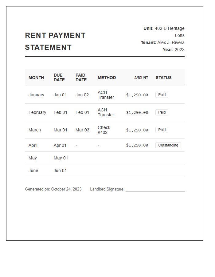 Regular Monthly Rent Payment Statement Chart Printable