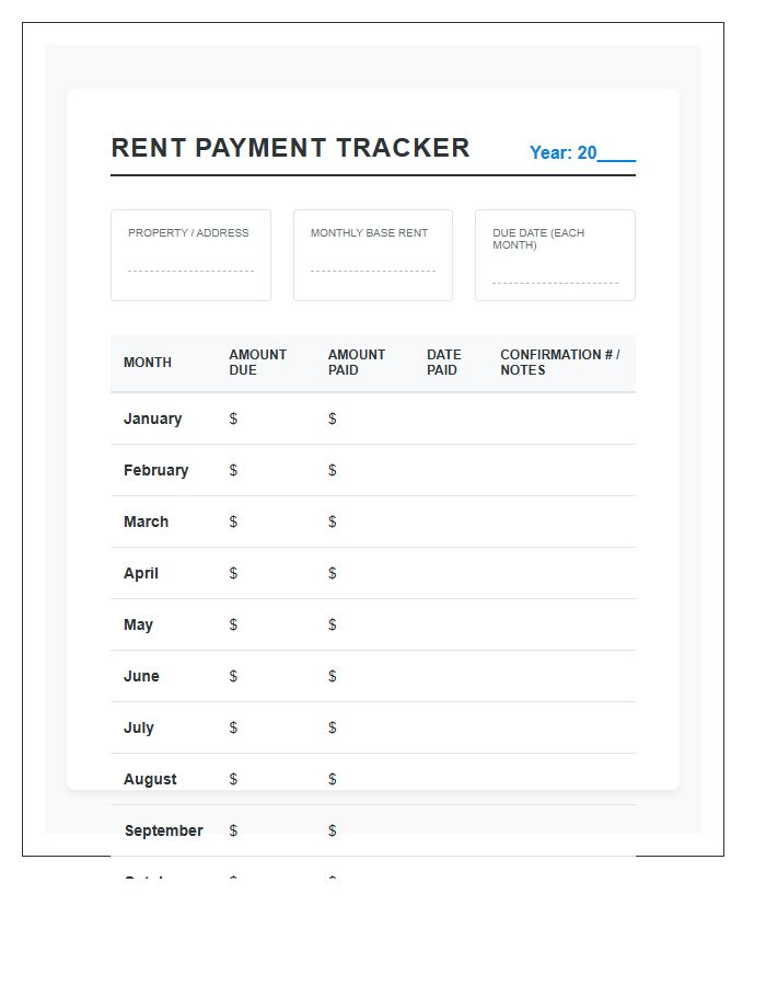 Residential Monthly Rent Payment Budgeting Chart Printable