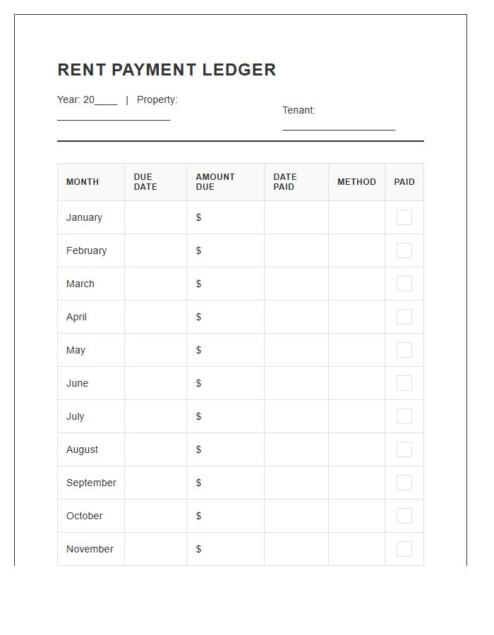 Simple Monthly Rent Payment Printable Chart