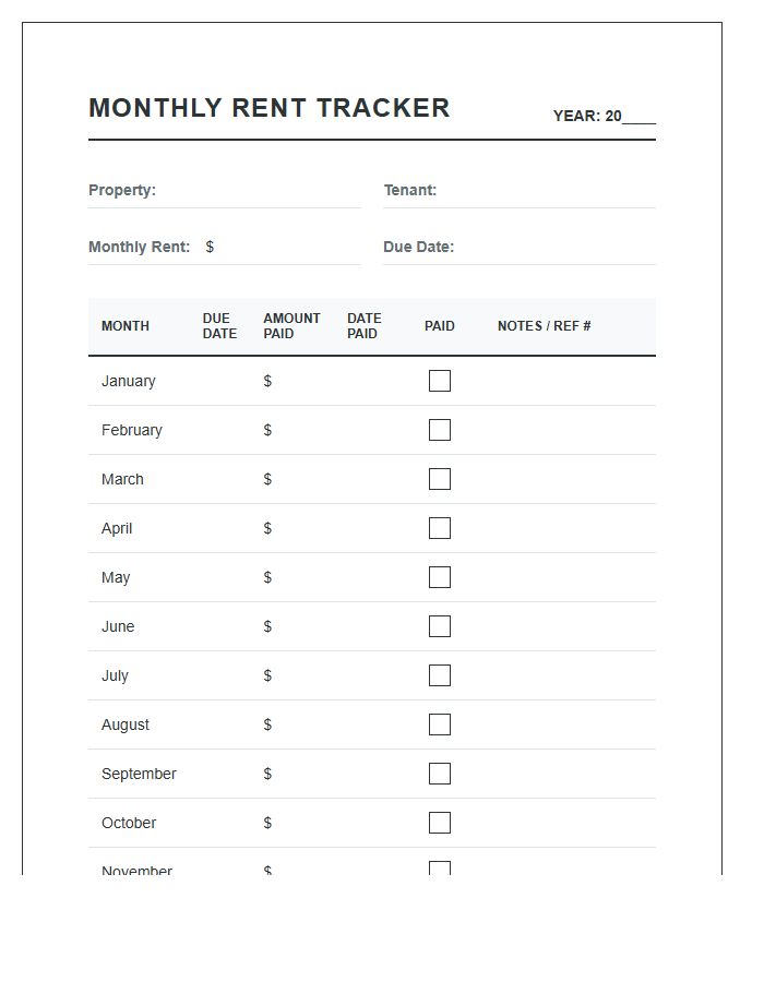 Standard Monthly Rent Payment Checklist Chart Printable