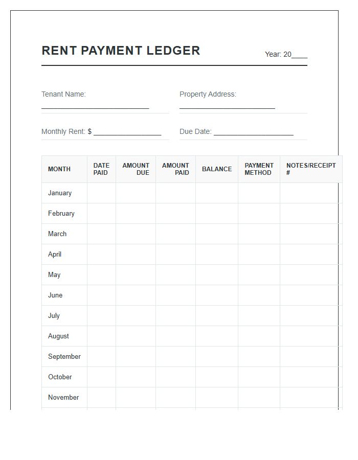 Tenant Monthly Rent Payment Ledger Chart Printable