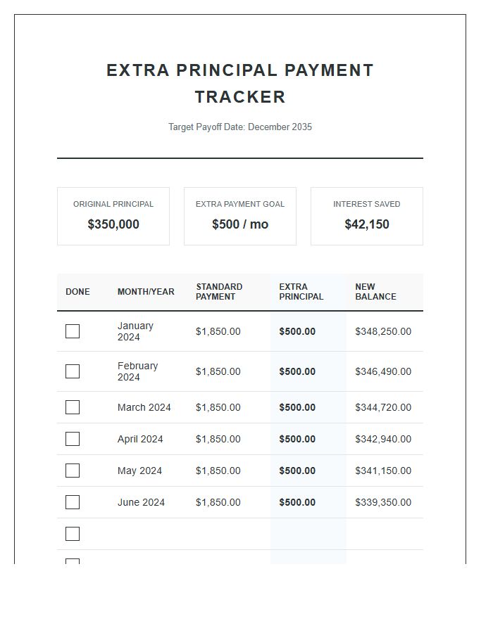 Extra Principal Payment Mortgage Printable Budget Chart