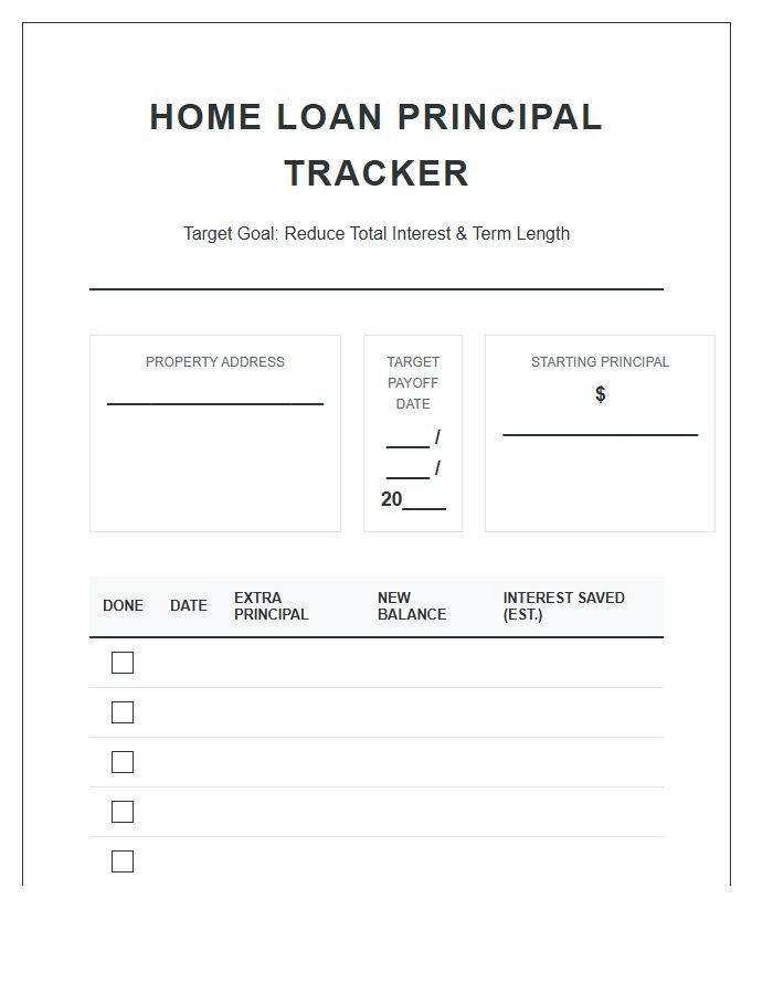 Home Loan Principal Payment Printable Budget Chart